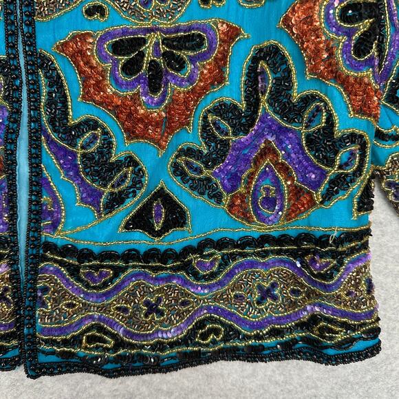 Papell Boutique Evening Trophy Jacket WMN M Blue Silk Sequin Beaded Vtg Brocade - Picture 8 of 14